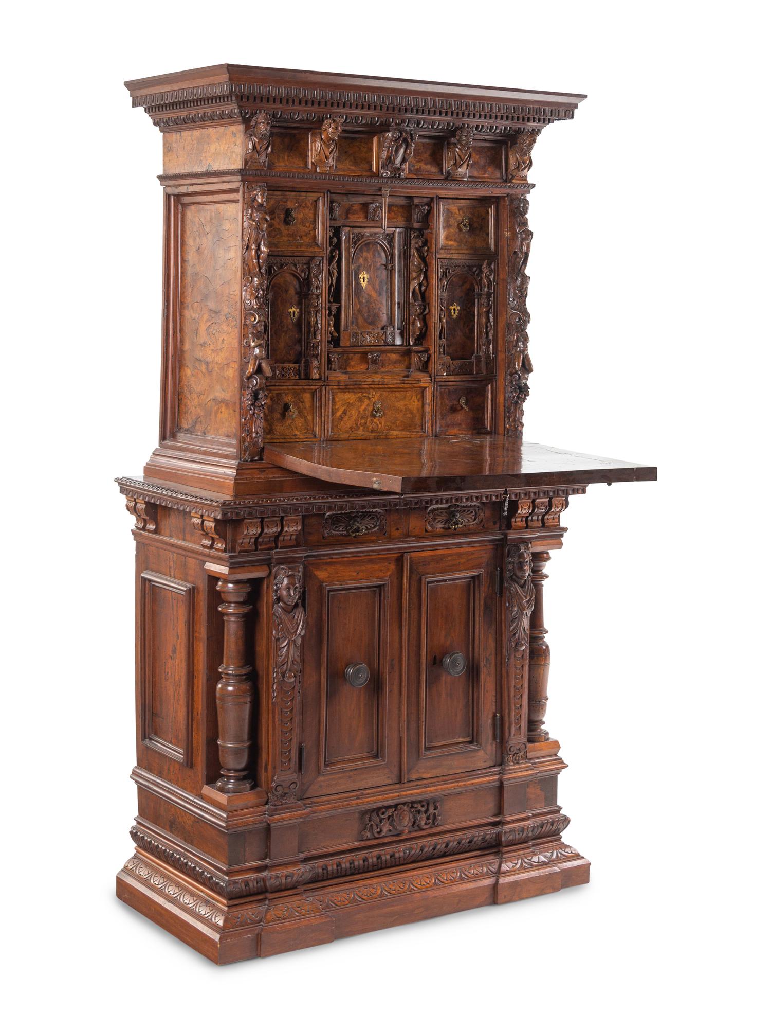 An Italian Baroque Style Carved Walnut and Burl Walnut Fall-Front Bureau Cabinet