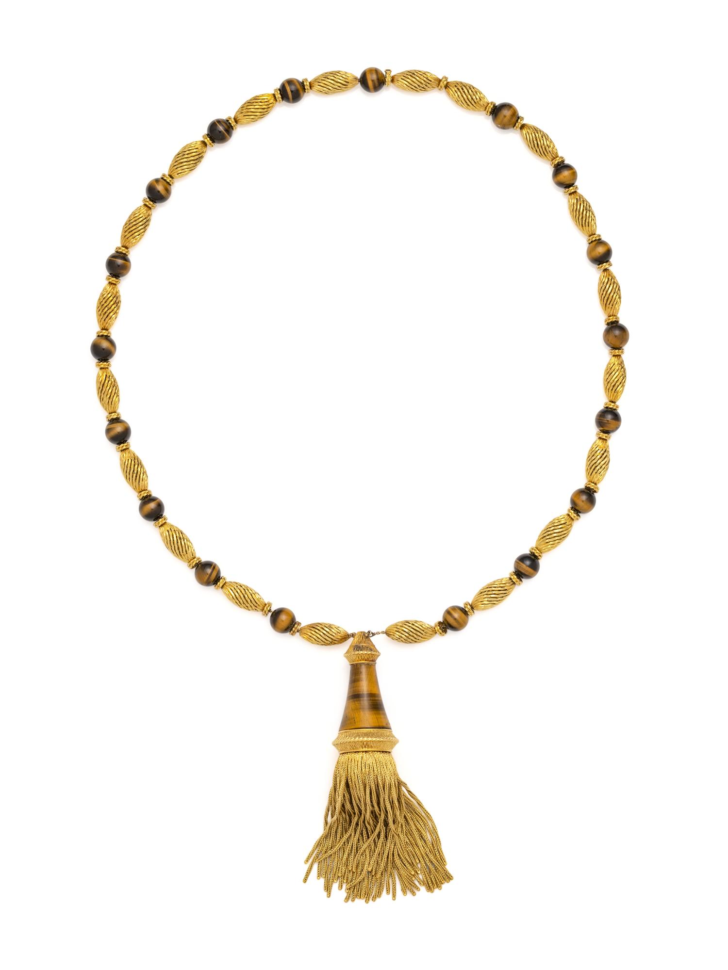 FRENCH, YELLOW GOLD AND TIGER'S EYE TASSEL NECKLACE