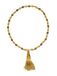 FRENCH, YELLOW GOLD AND TIGER'S EYE TASSEL NECKLACE
