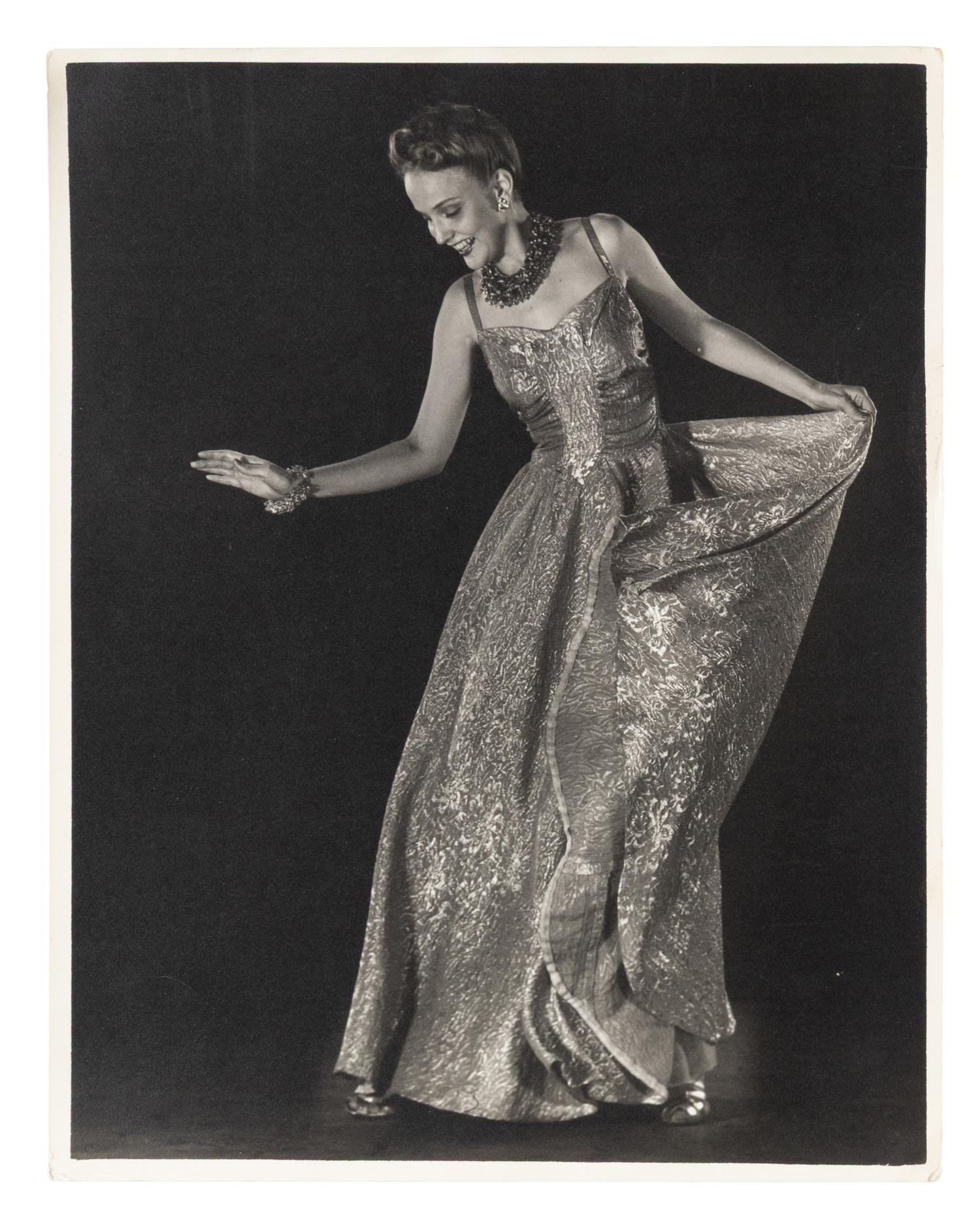 Model wearing evening dress of net skirt with silver metal bodice and Model wearing gold brocade evening dress (two works), 1938; printed ca. 1938