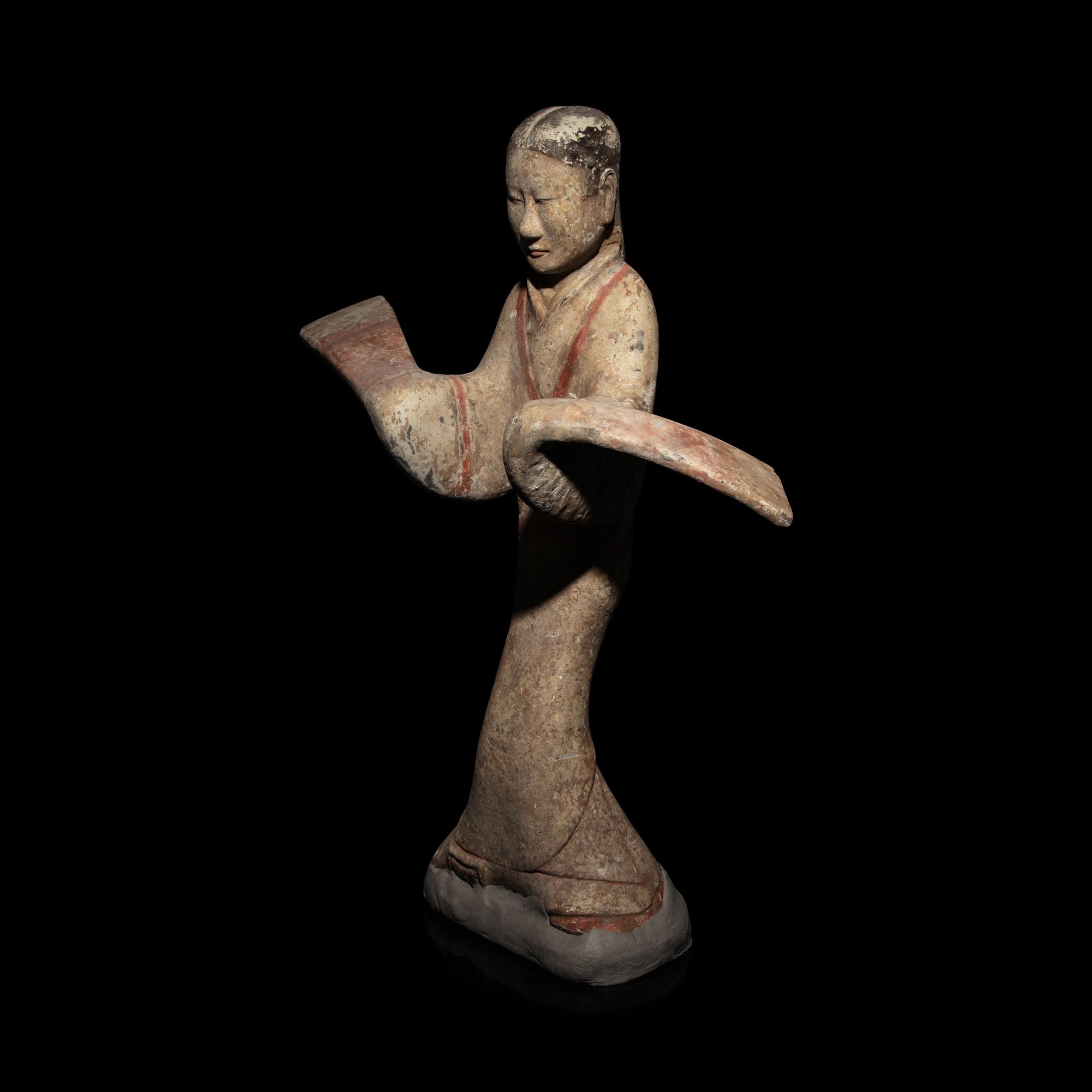 A Chinese Painted Pottery Dancing Lady with Long Sleeves, Han Dynasty — 漢 陶加彩舞女俑