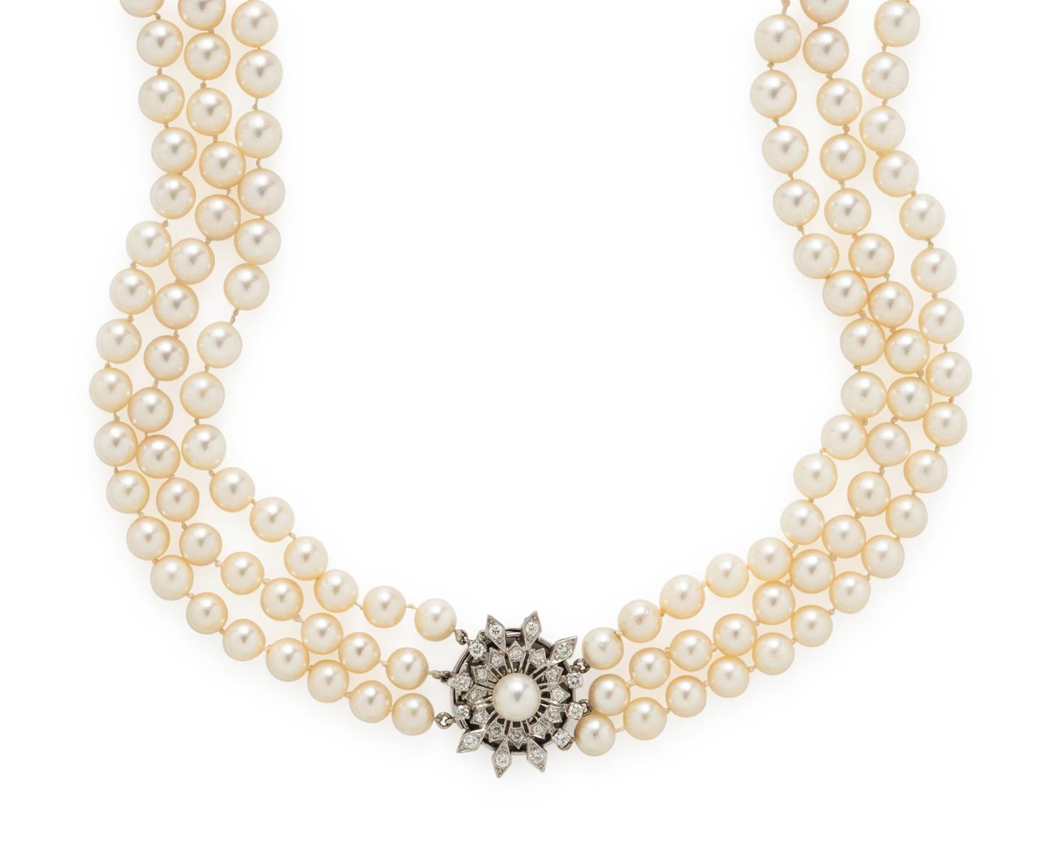 TRIPLE STRAND CULTURED PEARL AND DIAMOND NECKLACE