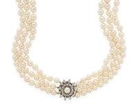 TRIPLE STRAND CULTURED PEARL AND DIAMOND NECKLACE