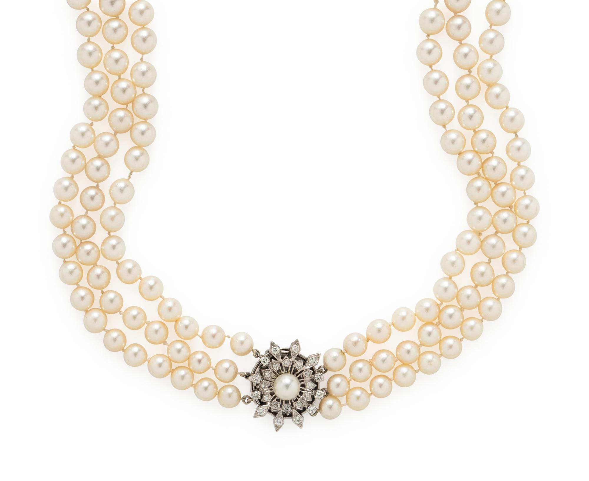 TRIPLE STRAND CULTURED PEARL AND DIAMOND NECKLACE