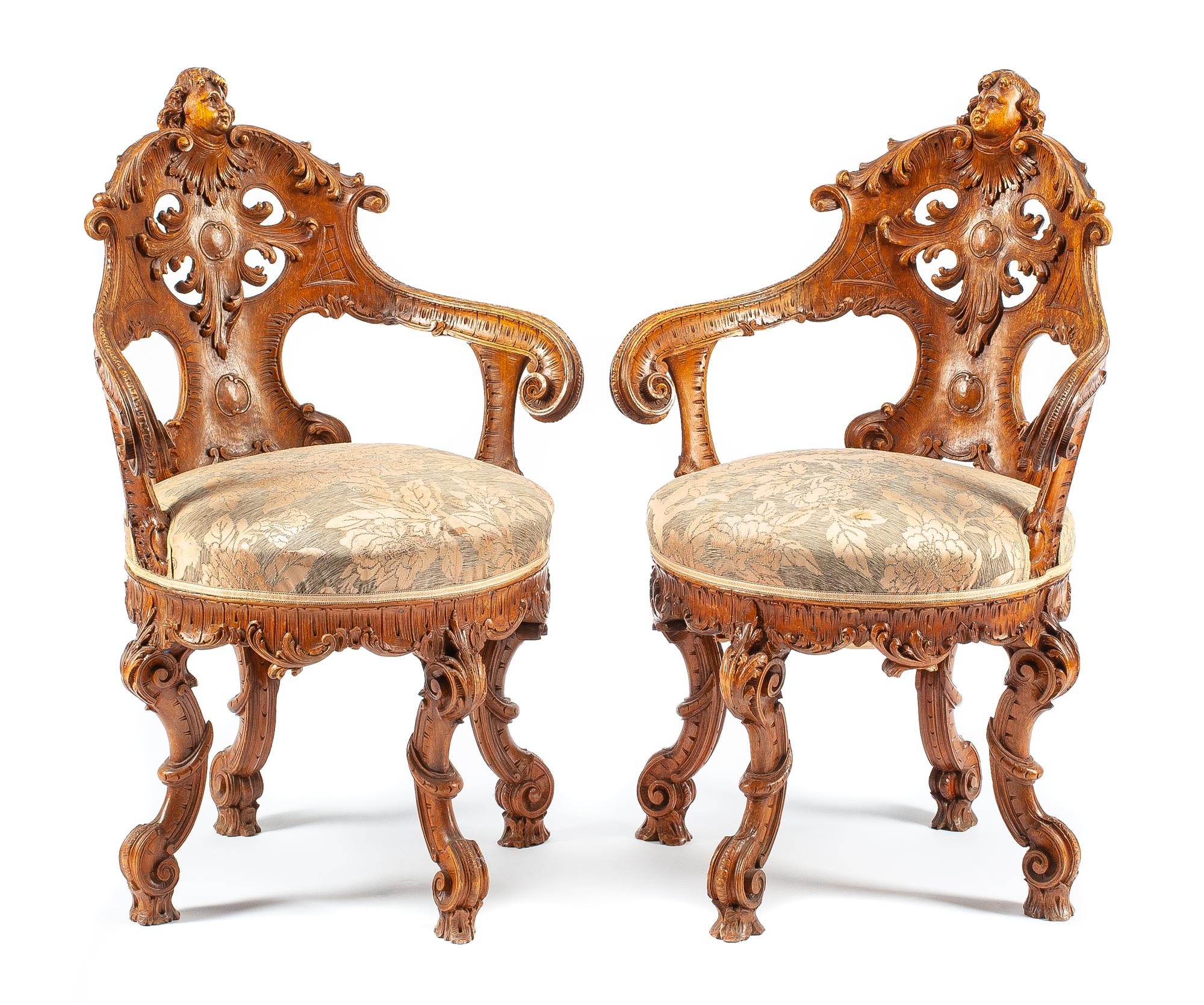 A Pair of Venetian Carved Armchairs Height 36 inches. — 19TH CENTURY