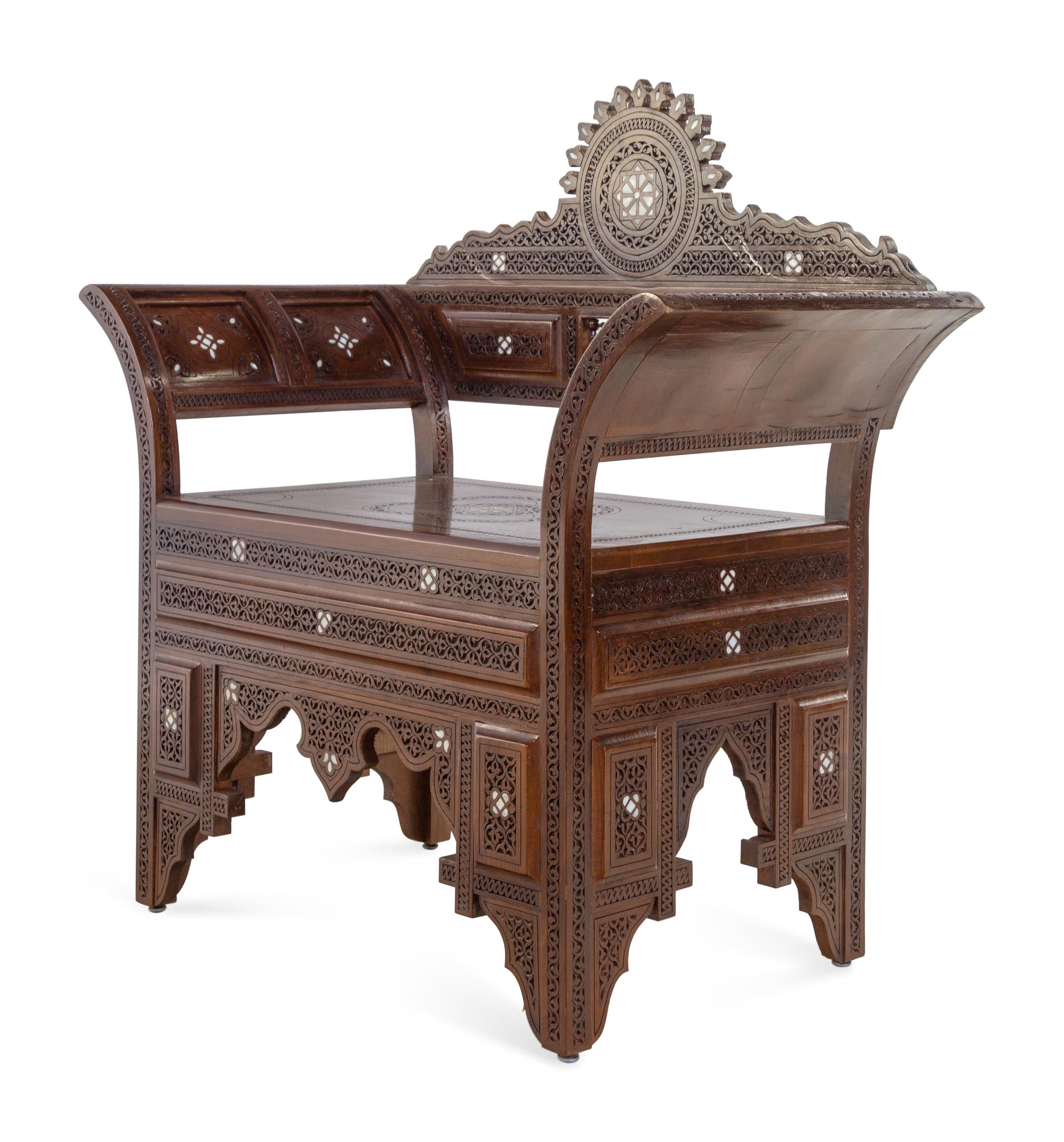 A Pair of Syrian Mother-of-Pearl Inlaid Carved Walnut Armchairs