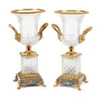 A Pair of Empire Style Cut Glass, Gilt Bronze and Marble Campagna Vases