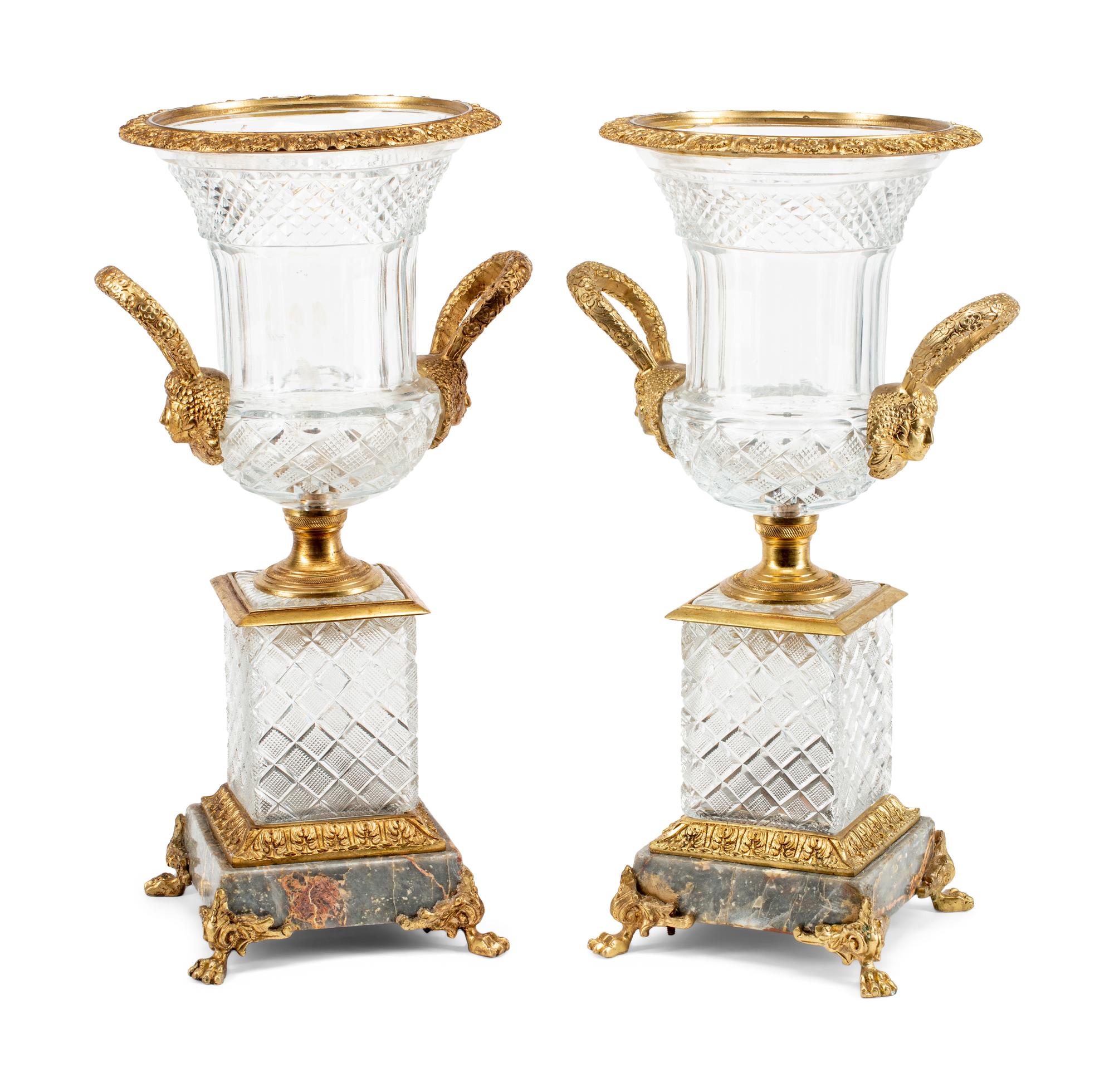 A Pair of Empire Style Cut Glass, Gilt Bronze and Marble Campagna Vases