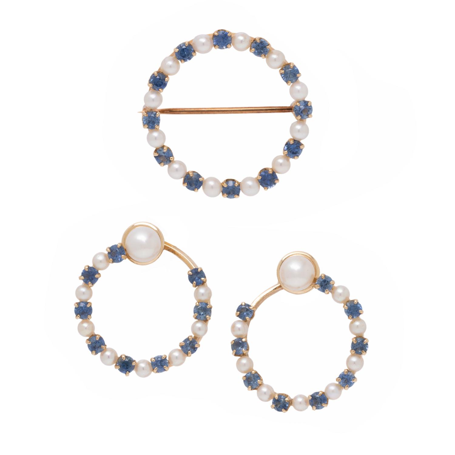 Fisher & Co., Sapphire, Cultured Pearl, and Yellow Gold Brooch and Earrings Set