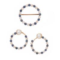 Fisher & Co., Sapphire, Cultured Pearl, and Yellow Gold Brooch and Earrings Set