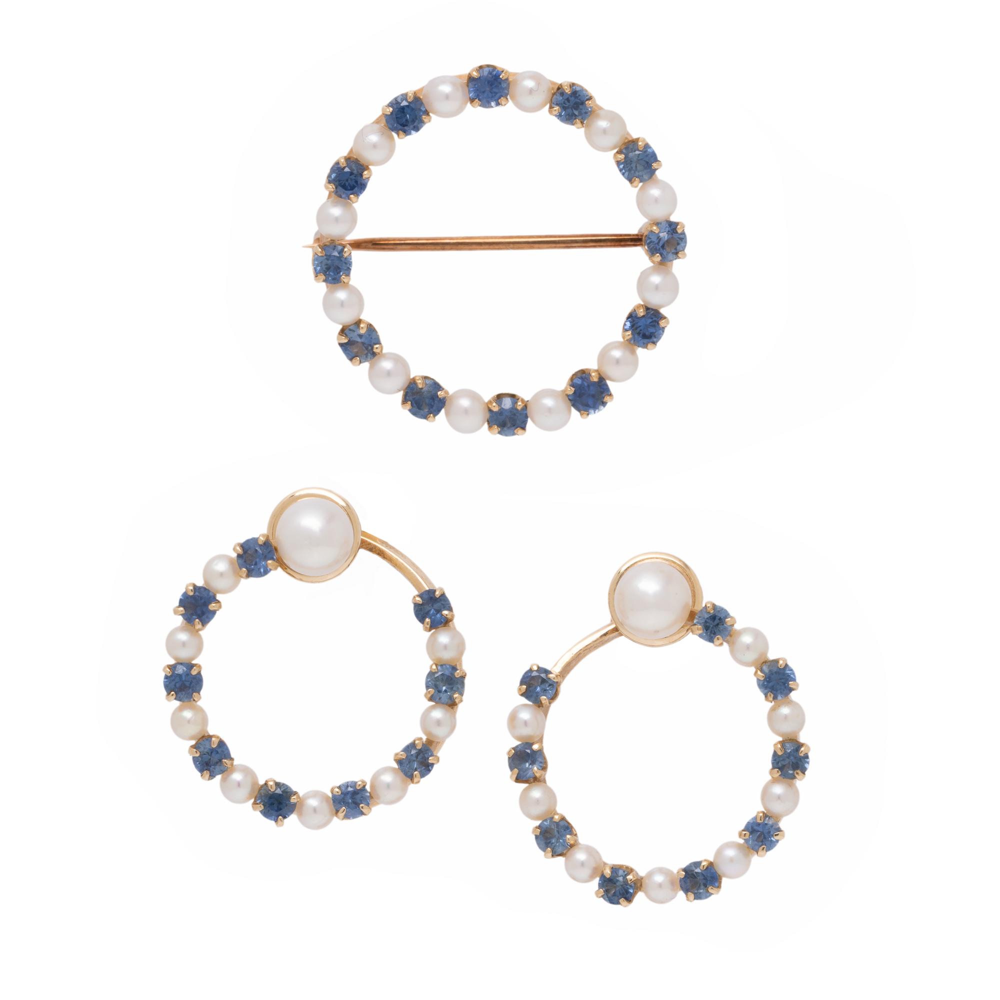 Fisher & Co., Sapphire, Cultured Pearl, and Yellow Gold Brooch and Earrings Set