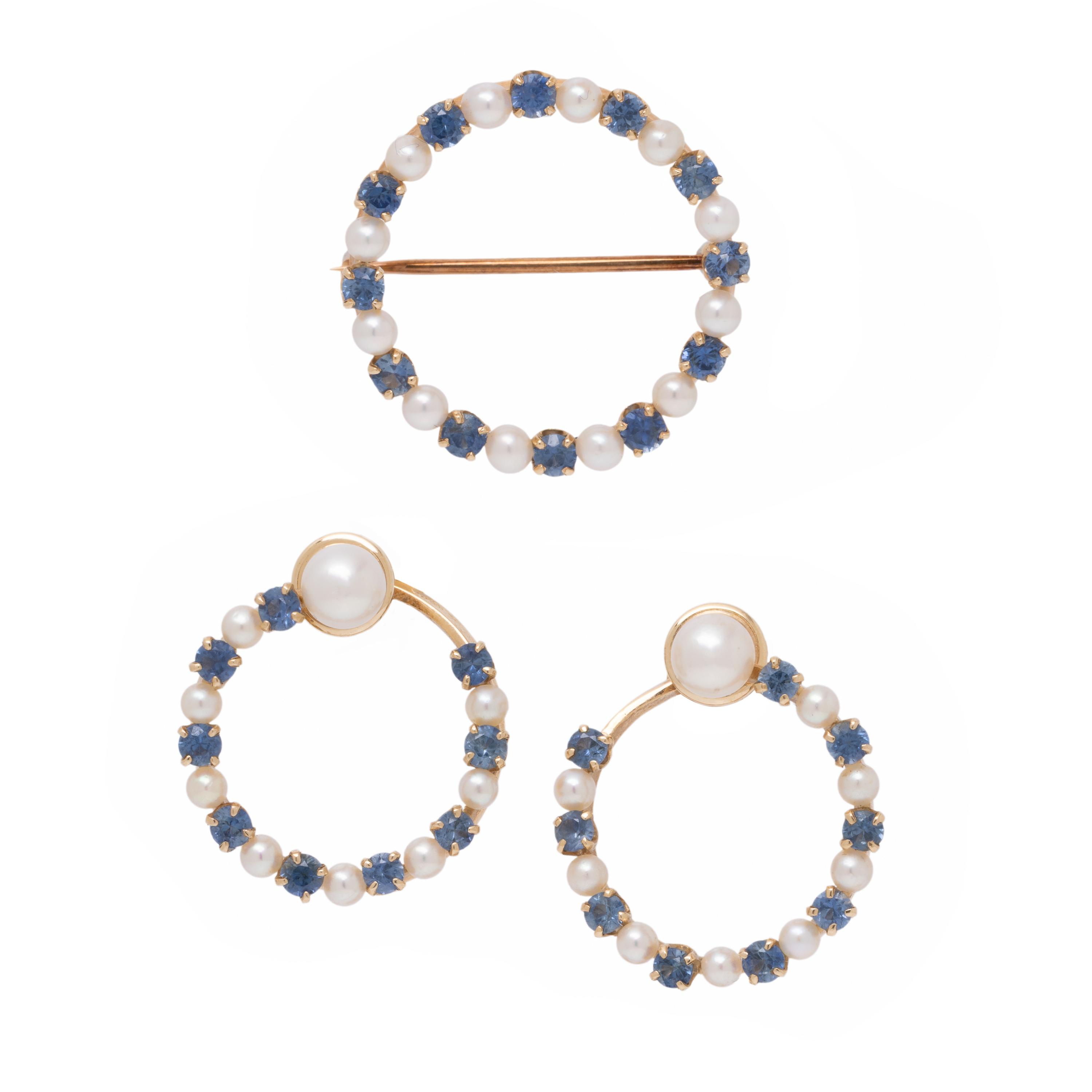 Fisher & Co., Sapphire, Cultured Pearl, and Yellow Gold Brooch and Earrings Set