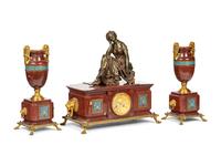 A French Bronze, Marble and Champlevé Clock Garniture