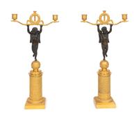 A Pair of Empire Style Parcel-Gilt and Patinated Bronze Figural Two-Light Candelabra