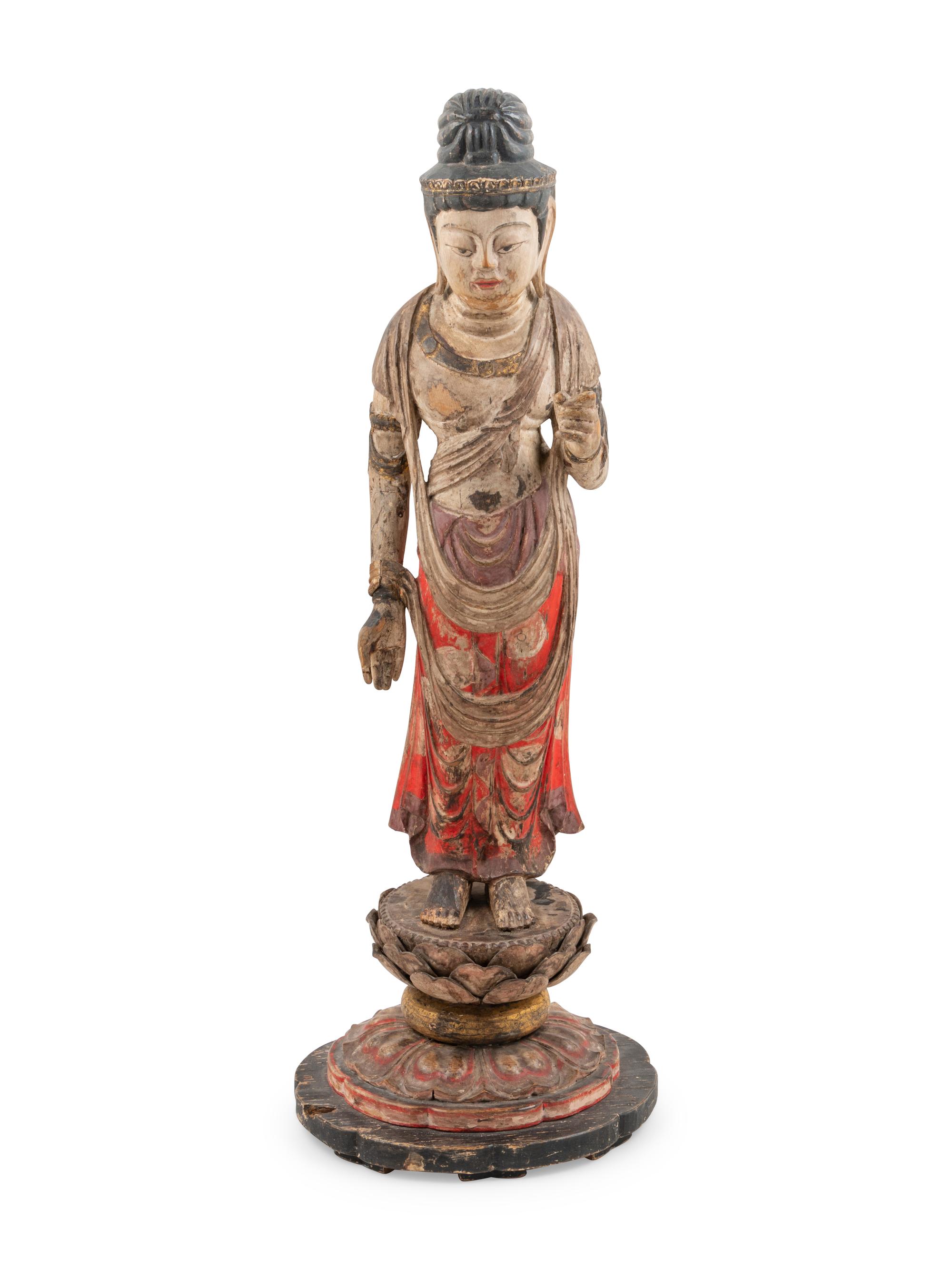 A Carved and Polychrome Lacquered Wood Standing Buddha