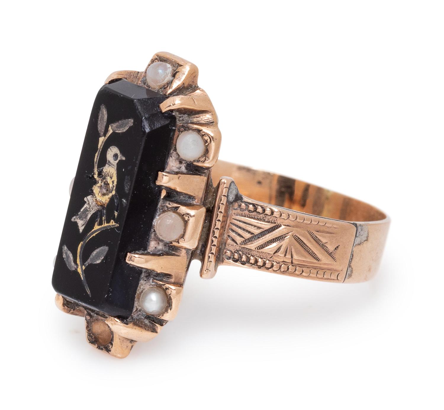 A Rose Gold, Onyx and Seed Pearl Ring,