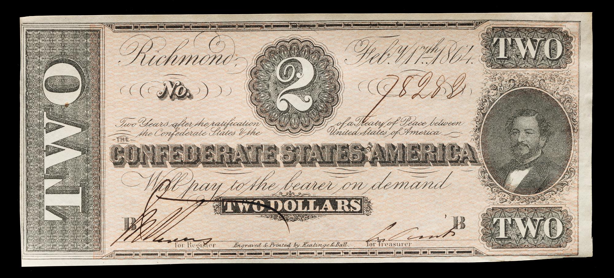 An 1864 Confederate States of America T-70 $2 Note