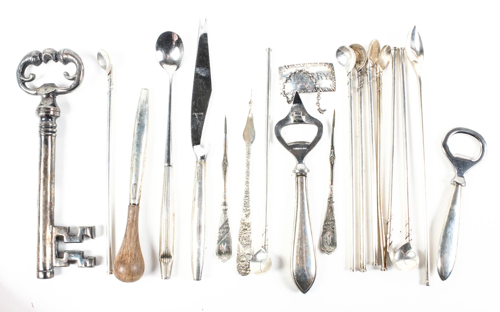 A Collection of Sterling Bar Articles, Various makers, comprising six iced tea spoons, three nut picks, one bottle opener, one can open