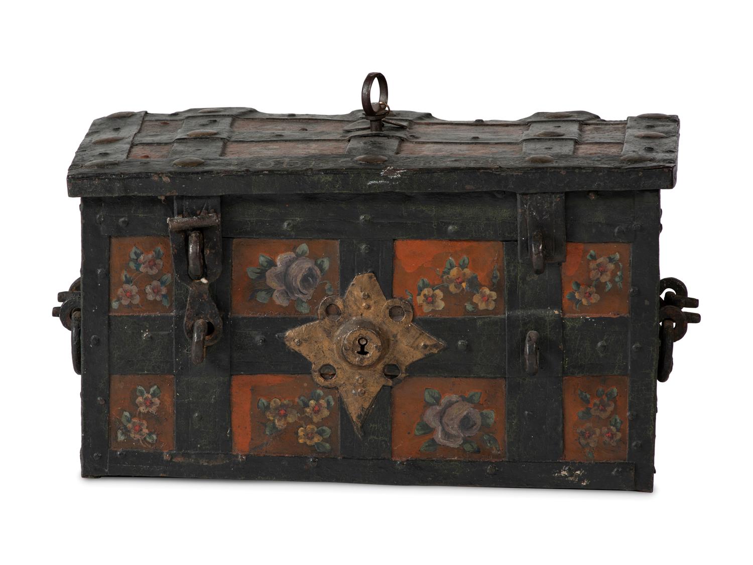 A Continental Paint-Decorated and Iron Mounted Strong Box