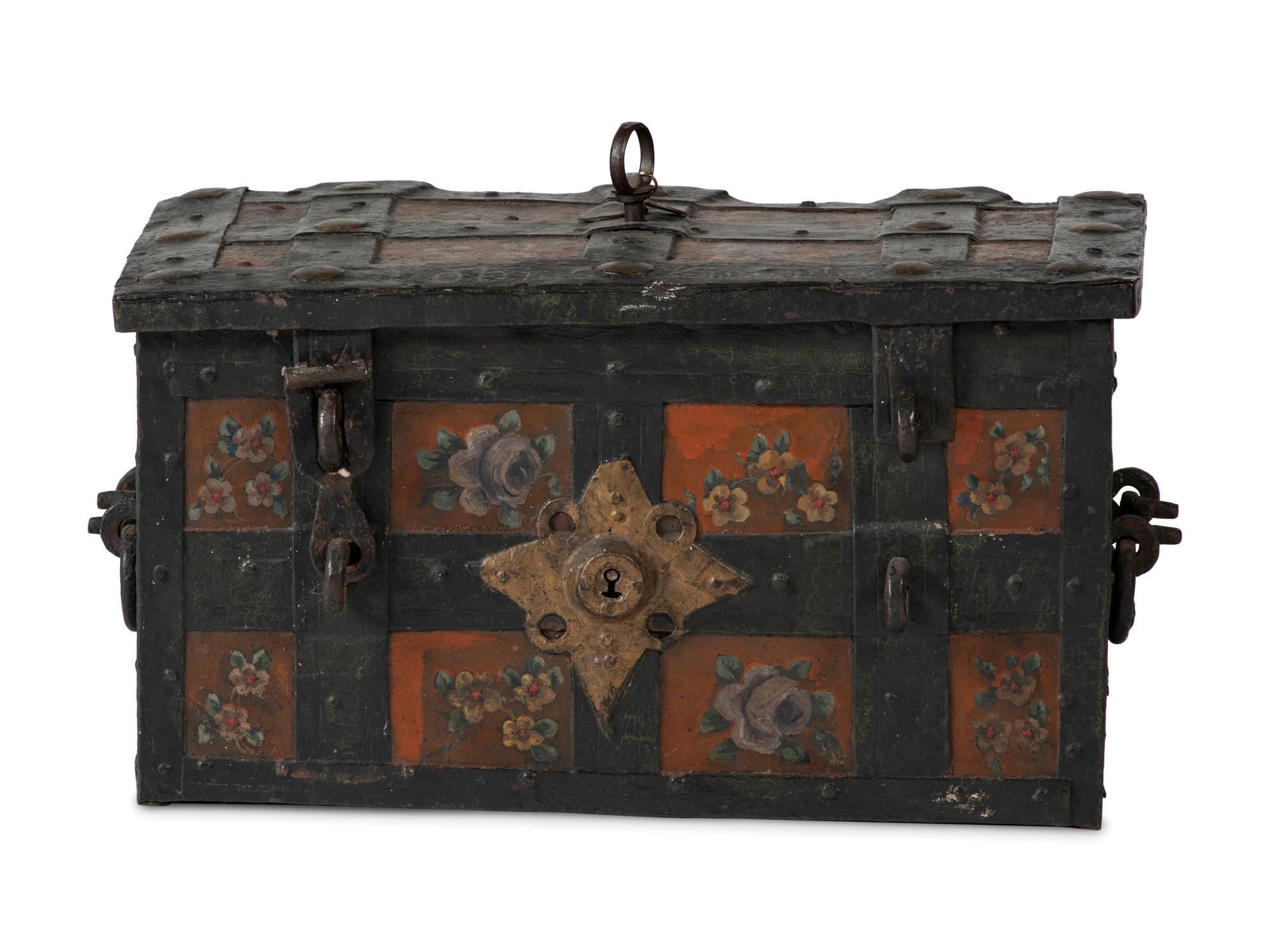 A Continental Paint-Decorated and Iron Mounted Strong Box