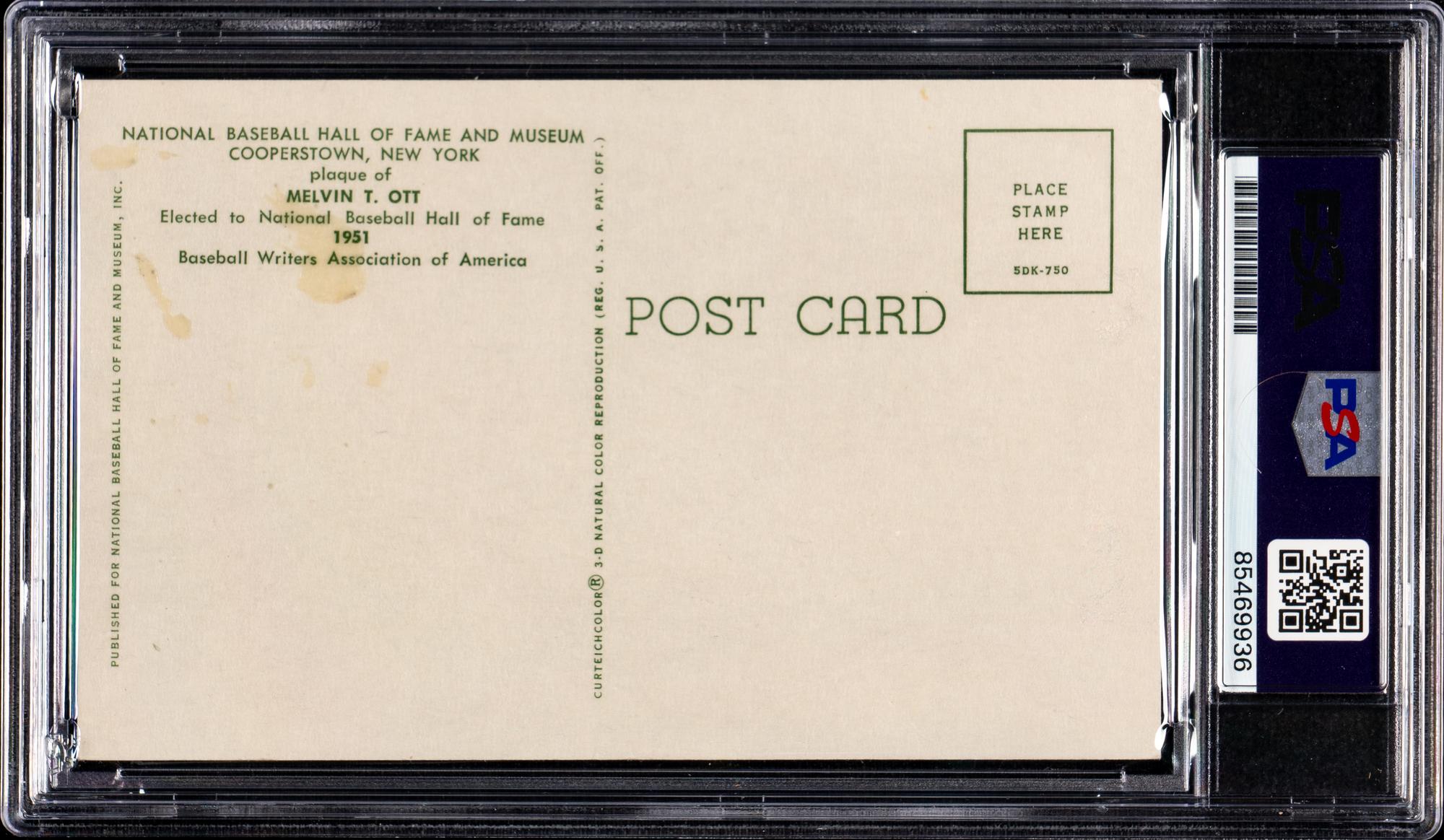 A Mel Ott Signed Cut Hall of Fame Postcard (PSA ENCAPSULATED)