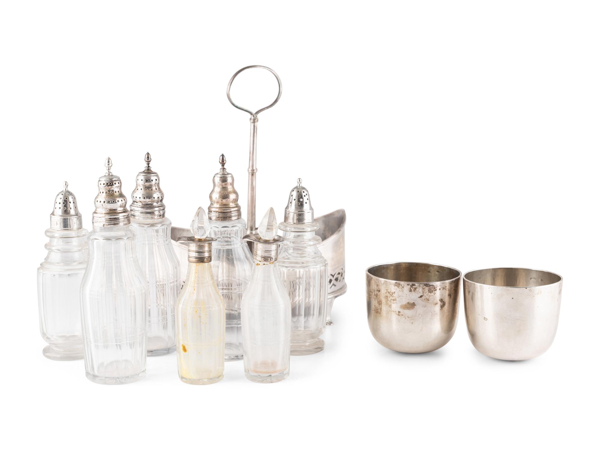 A George III Silver Cruet Set and Pair of Wine Cups