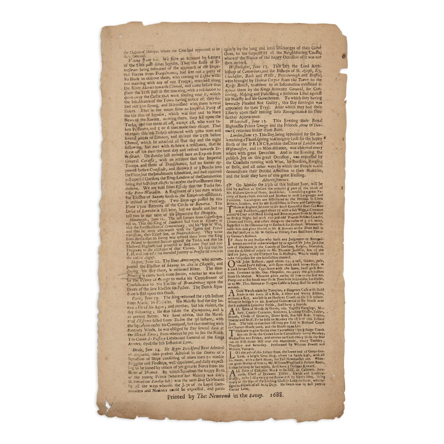 [Colonial America] A London Newspaper with Front-Page Addresses from Plymouth Colony