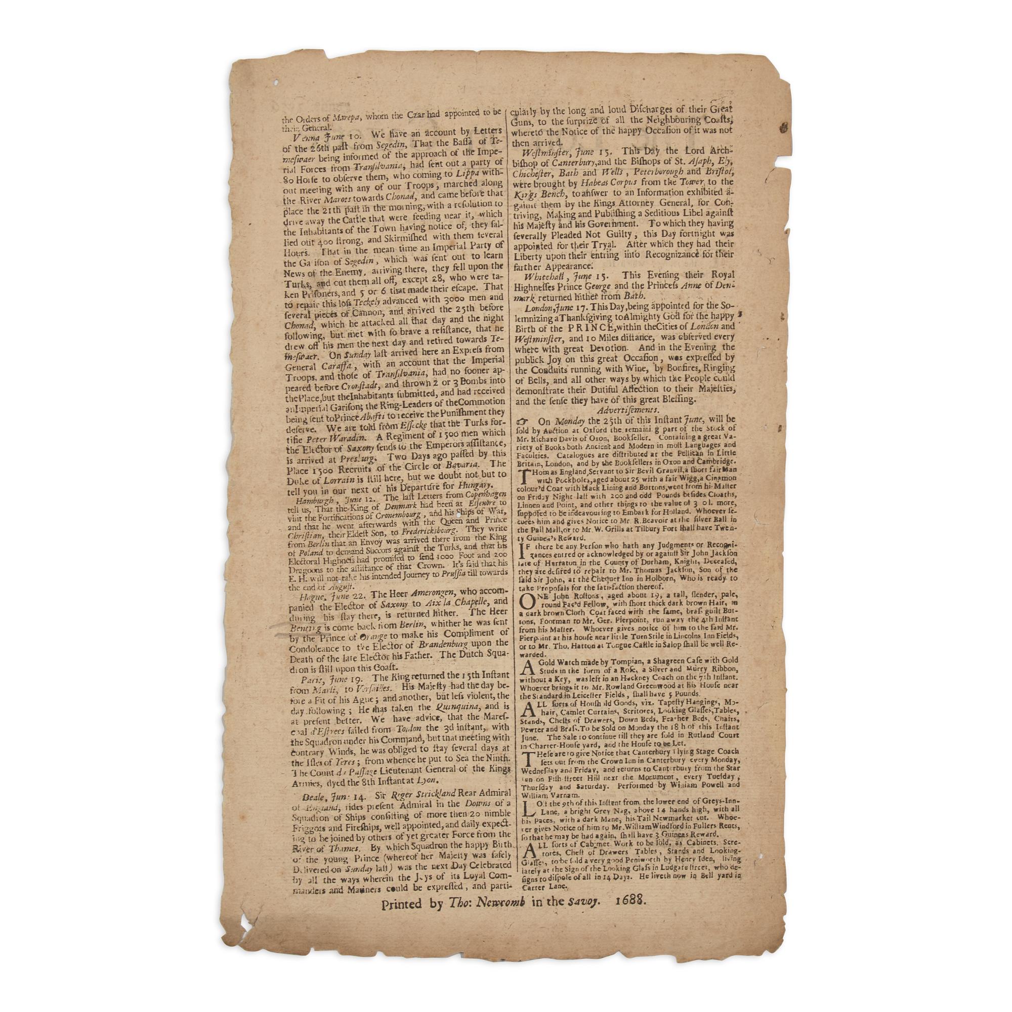 [Colonial America] A London Newspaper with Front-Page Addresses from Plymouth Colony