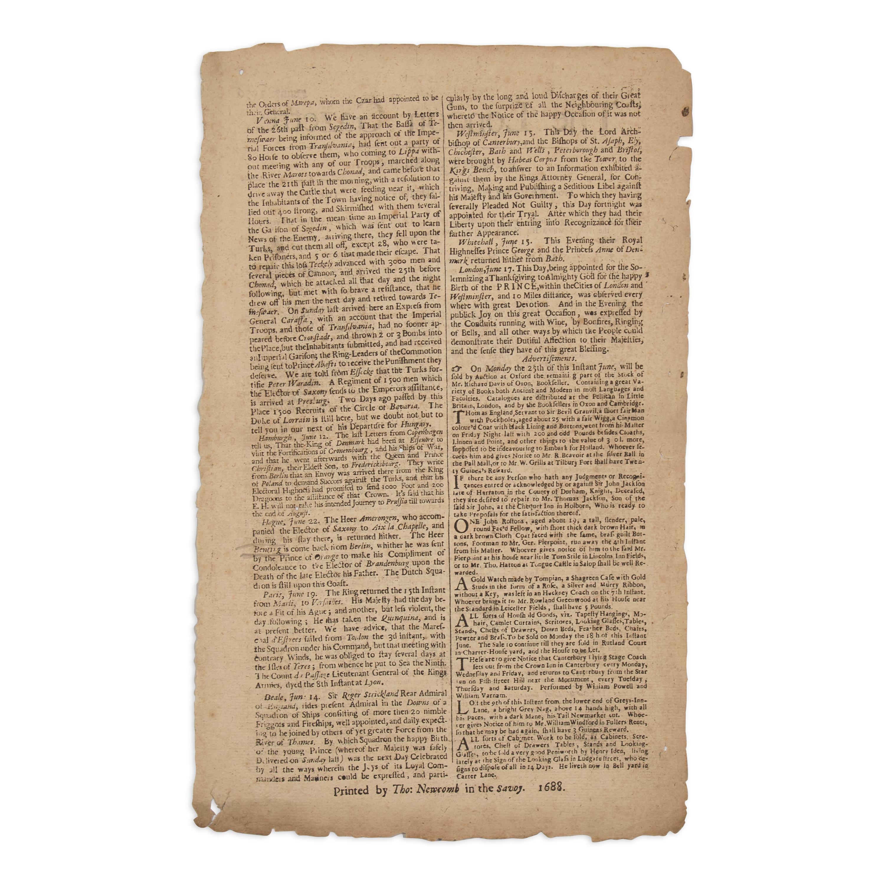 [Colonial America] A London Newspaper with Front-Page Addresses from Plymouth Colony