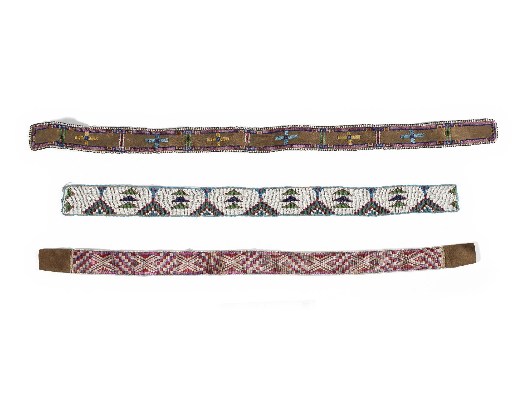Plains Beaded Hide Strips and Athapaskan Quilled Hide Strip