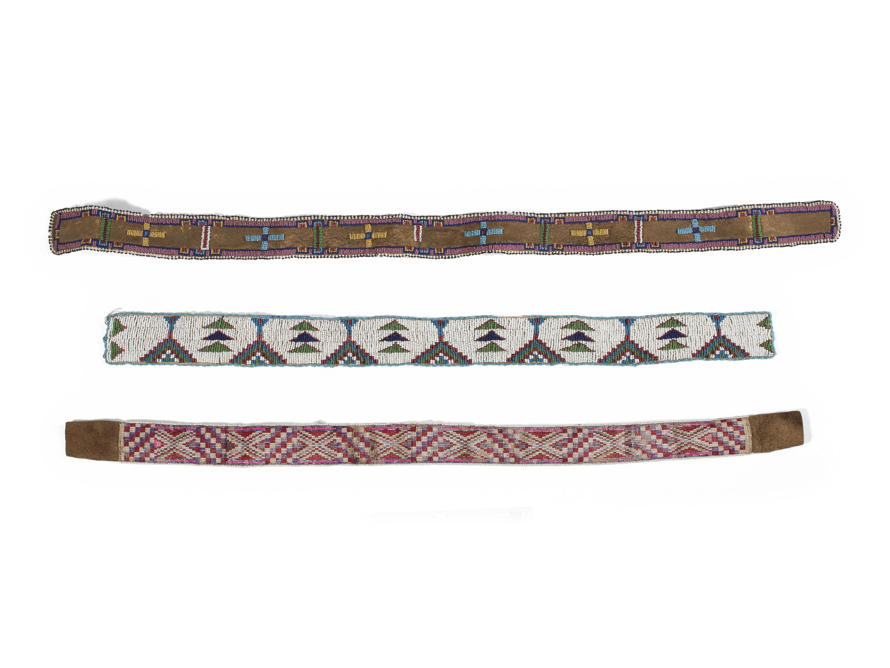 Plains Beaded Hide Strips and Athapaskan Quilled Hide Strip