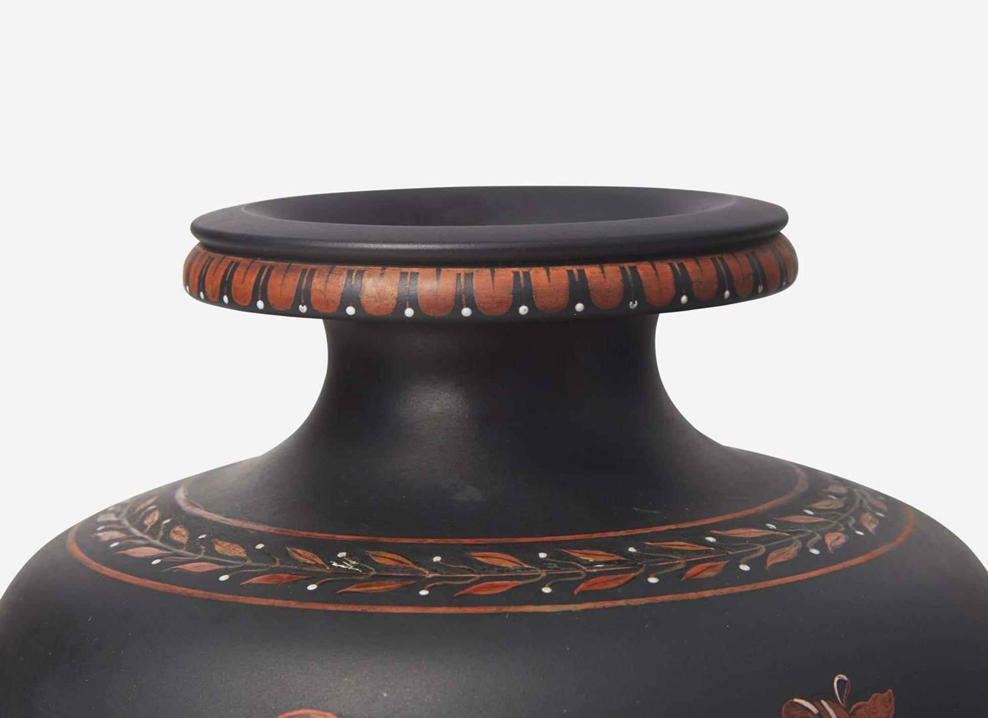 A Wedgwood Encaustic Decorated Black Basalt Handled Vase, UK, circa 1800