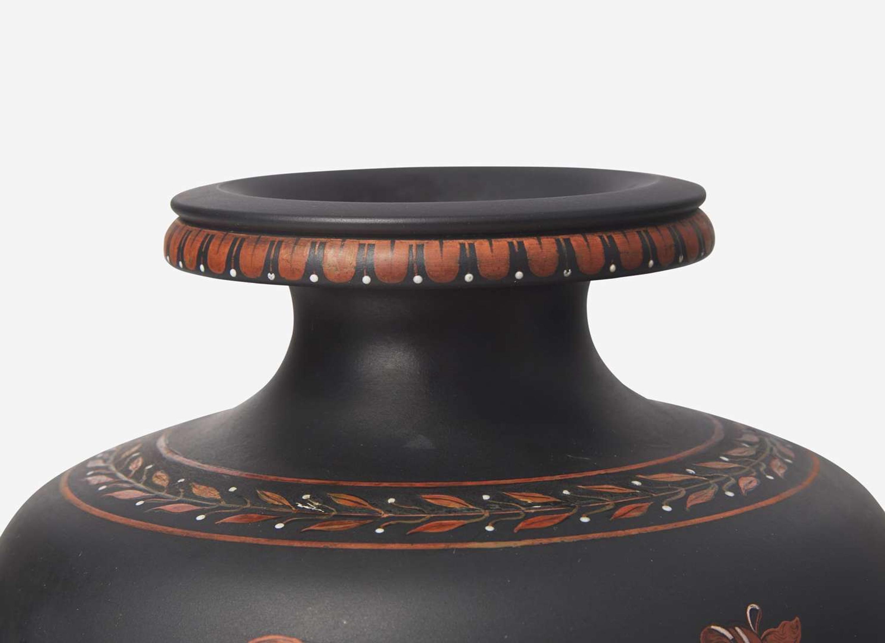 A Wedgwood Encaustic Decorated Black Basalt Handled Vase, UK, circa 1800