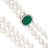 DOUBLE STRAND CULTURED PEARL, DIAMOND, AND CARVED EMERALD NECKLACE
