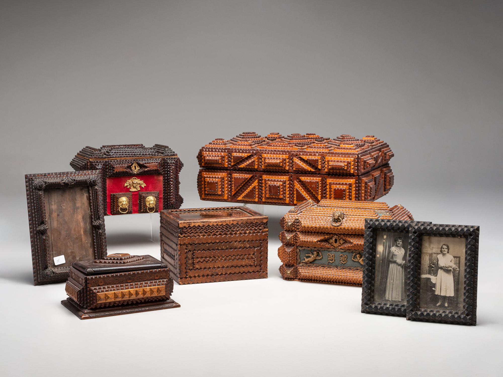 Eight Tramp Art Decorated Articles