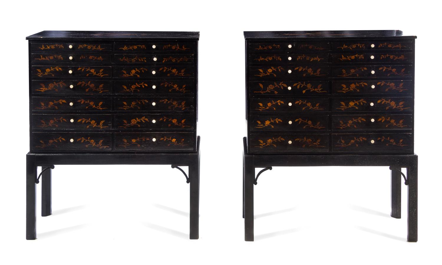 A Pair of English Lacquered Specimen Cabinets Height overall 41 x width 34 1/2 x depth 13 1/4 inches. — 19TH CENTURY