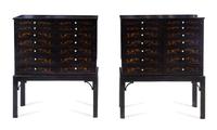 A Pair of English Lacquered Specimen Cabinets Height overall 41 x width 34 1/2 x depth 13 1/4 inches. — 19TH CENTURY