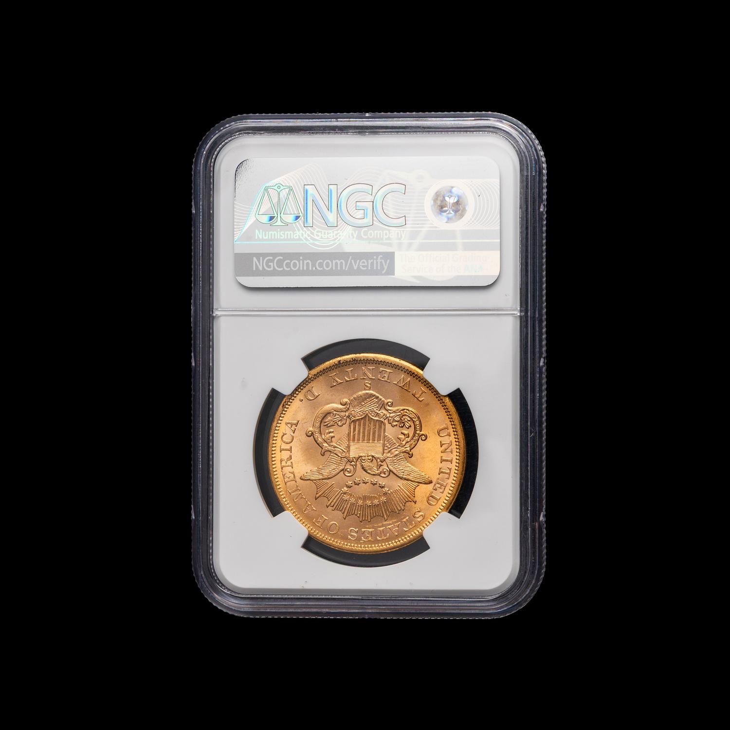 A 1861-S Liberty Head $20 Gold Coin [NGC MS61; ex. Great Kentucky Hoard ]