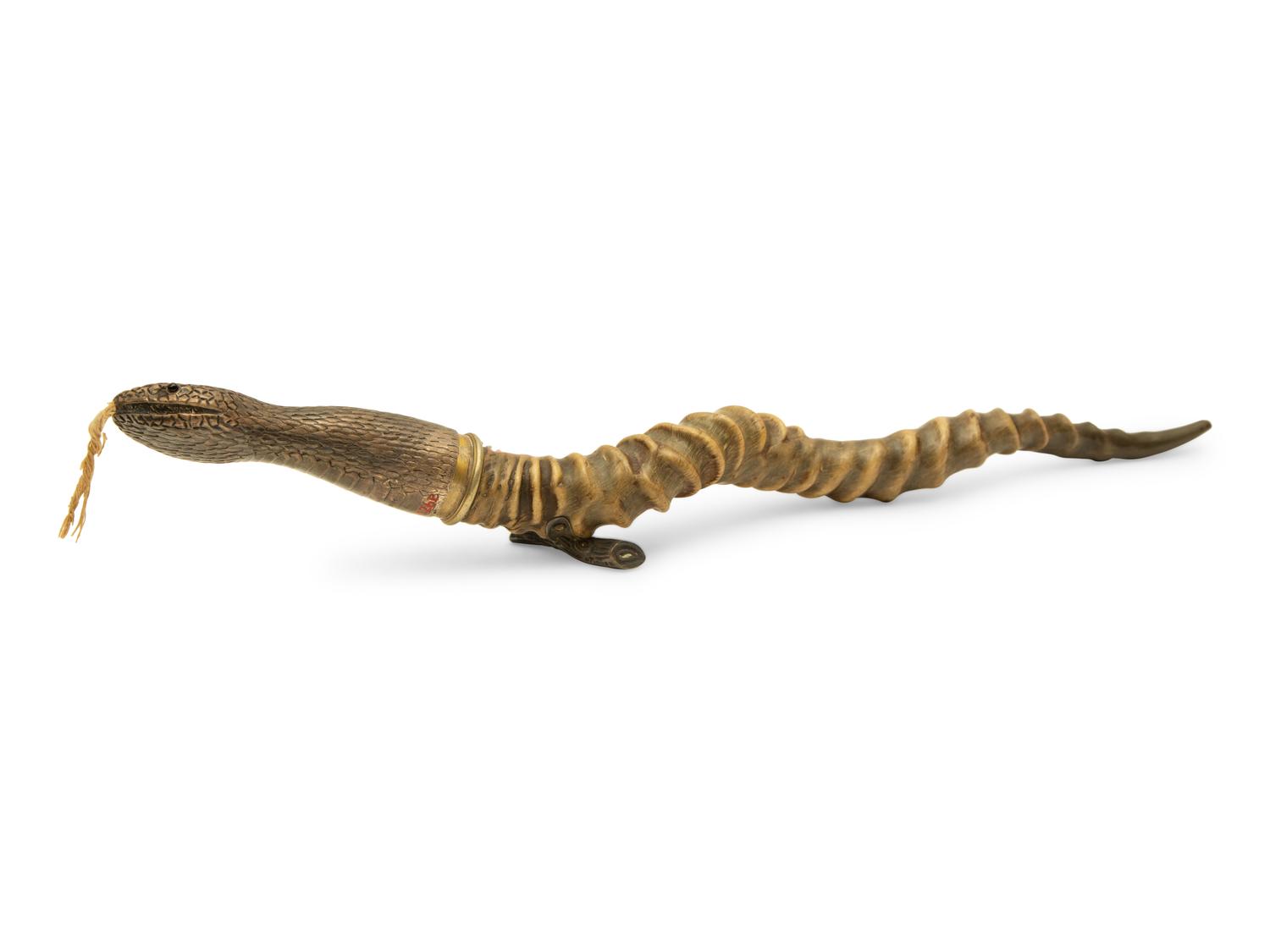 An English Silver Mounted Antelope Horn Snake-Form Cigar Lighter