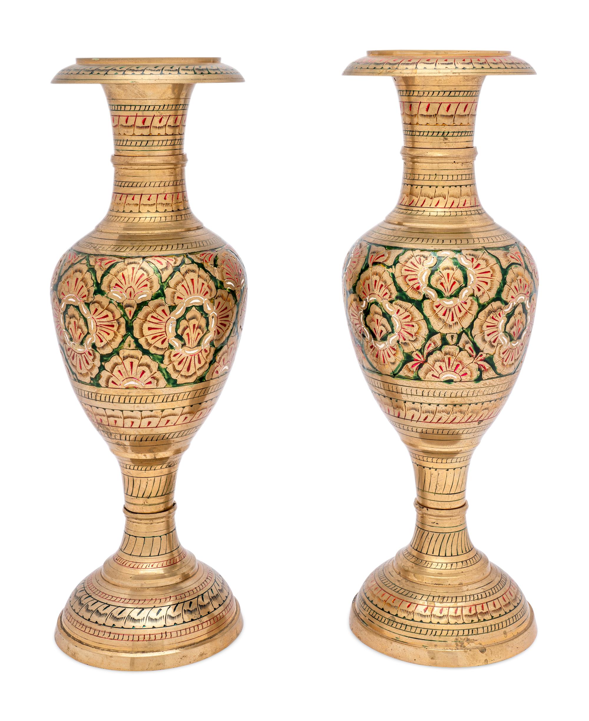 A Pair of Middle Eastern Enameled Brass Vases