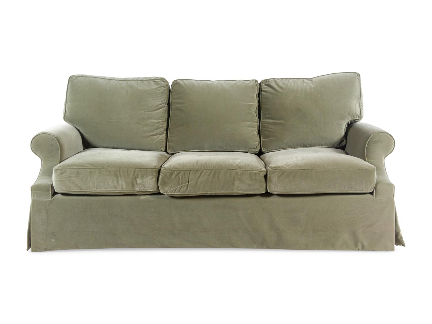 A Green Velvet Upholstered Three-Seat Sofa