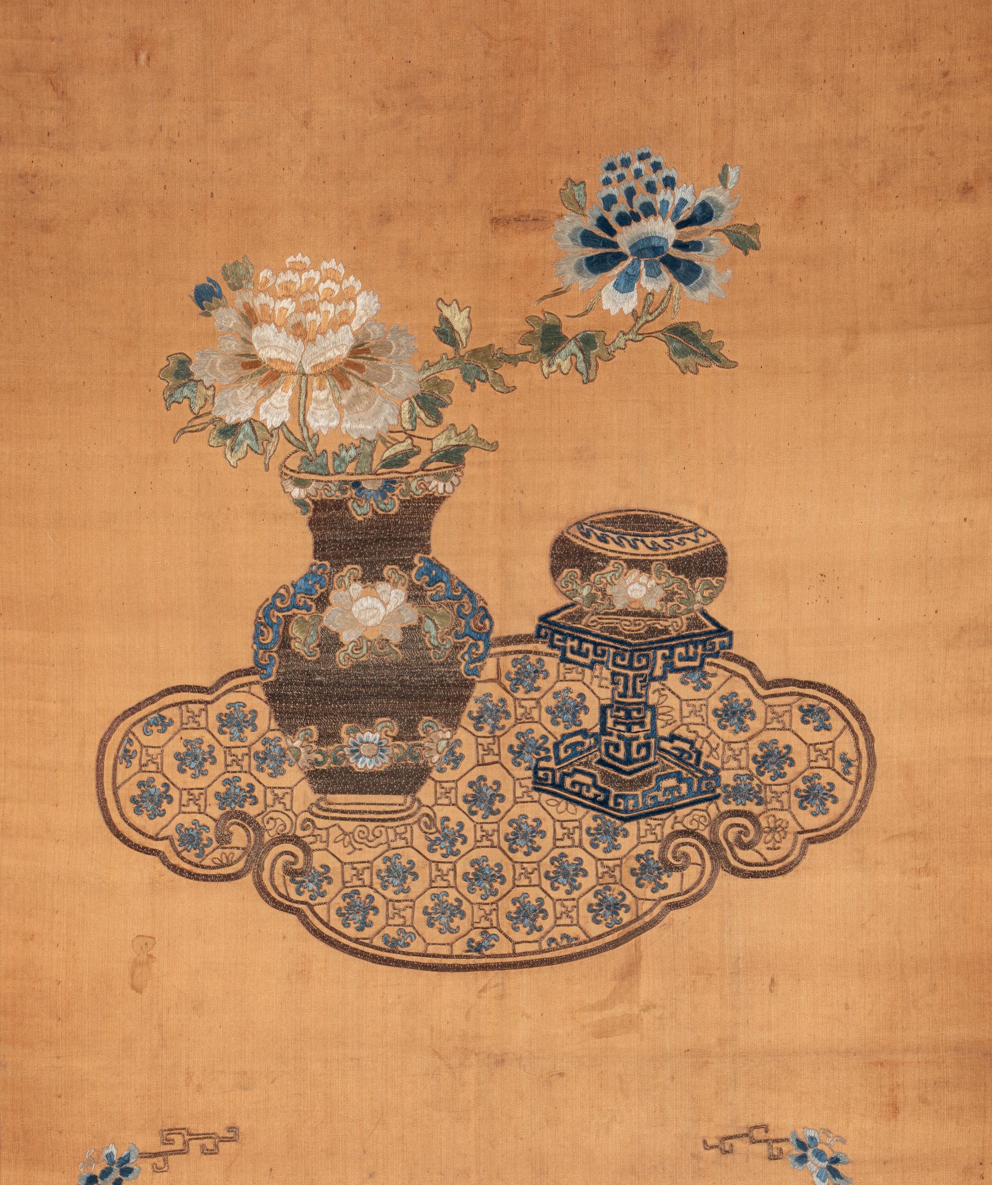 Two Chinese 'Bogu' Silk Panels