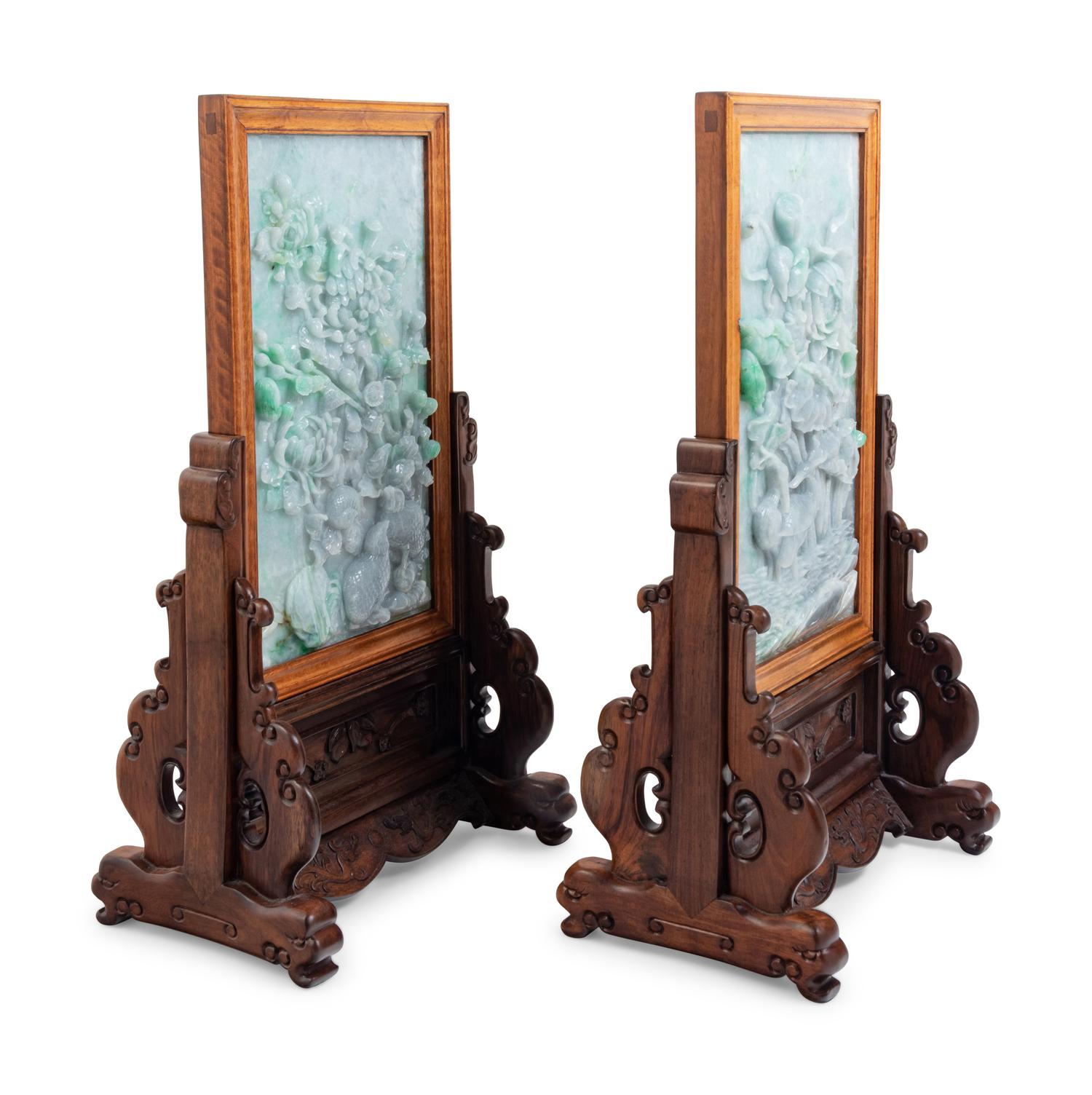 A Set of Four Chinese Export Carved Lavender and Green Jadeite Table Screens in Hardwood Stands