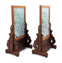 A Set of Four Chinese Export Carved Lavender and Green Jadeite Table Screens in Hardwood Stands