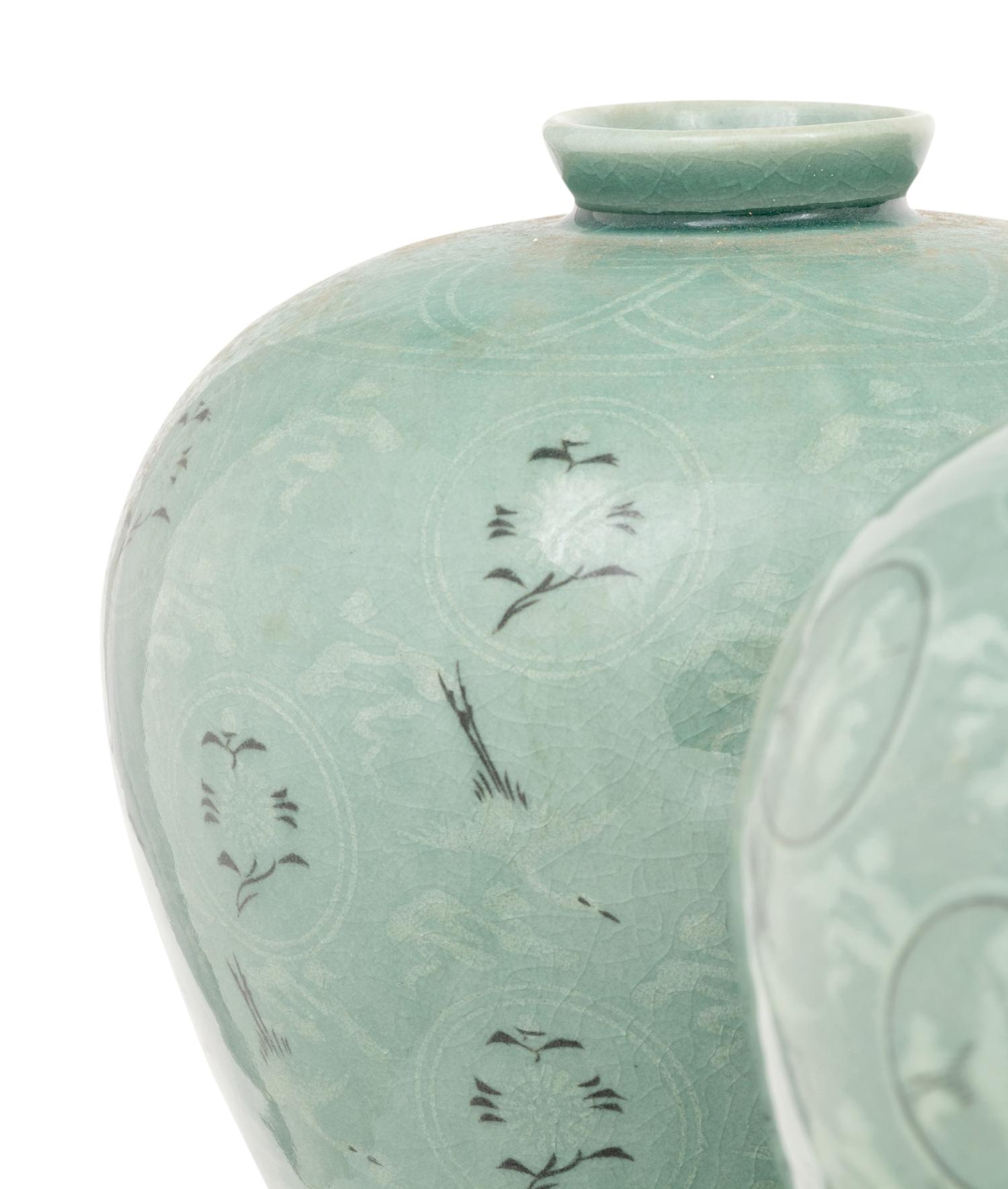 Six Korean Celadon Glazed Porcelain 'Crane and Cloud' Maebyong Vases