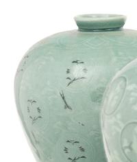 Six Korean Celadon Glazed Porcelain 'Crane and Cloud' Maebyong Vases