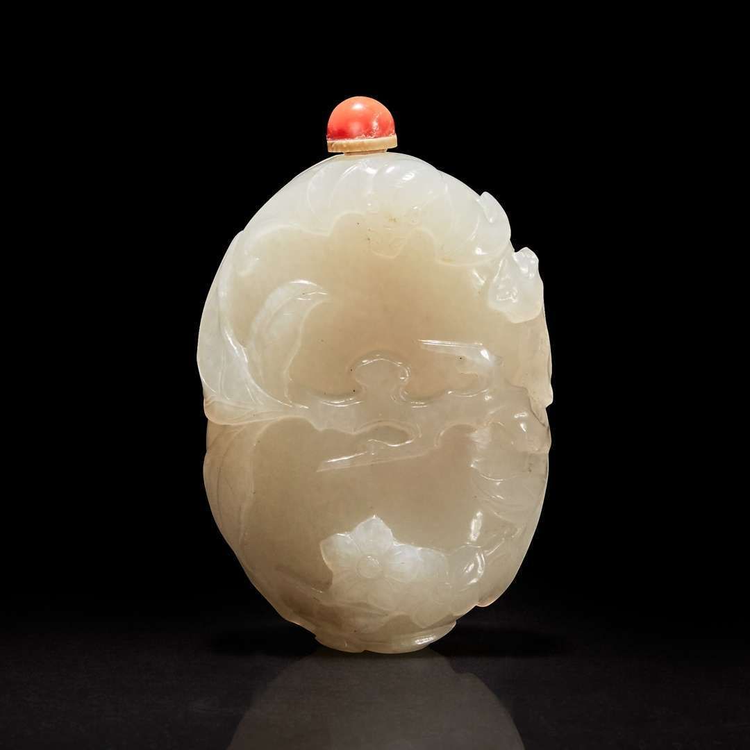 骨董品 本物和田白玉 手彫 清代人参如意紋 鼻煙壺 薬瓶 美品 A finely-carved Chinese white jade snuff bottle 白玉鼻烟壶