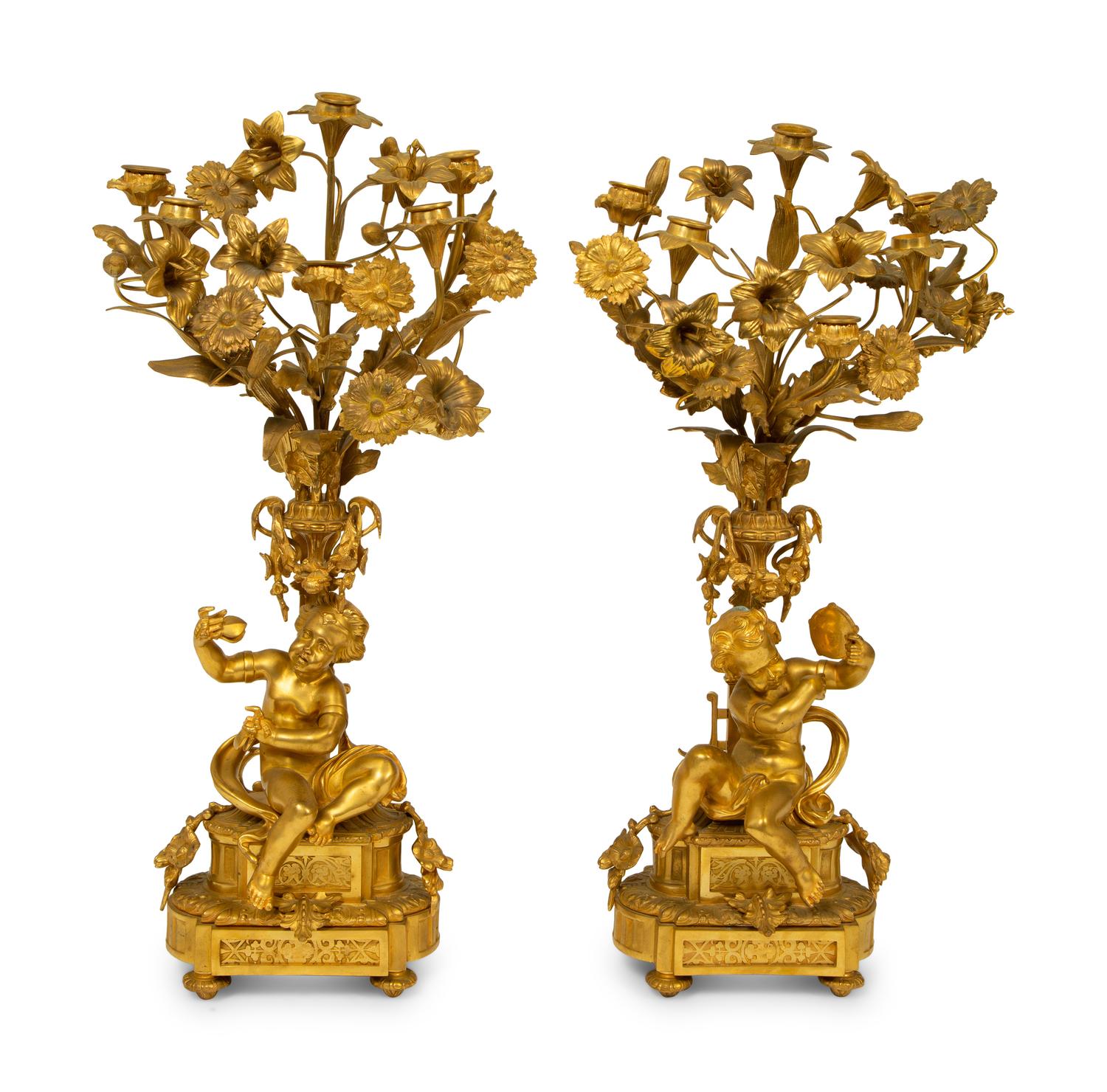A Pair of Louis XV Style Six-Light Gilt Bronze Figural Candelabrum — 19TH CENTURY