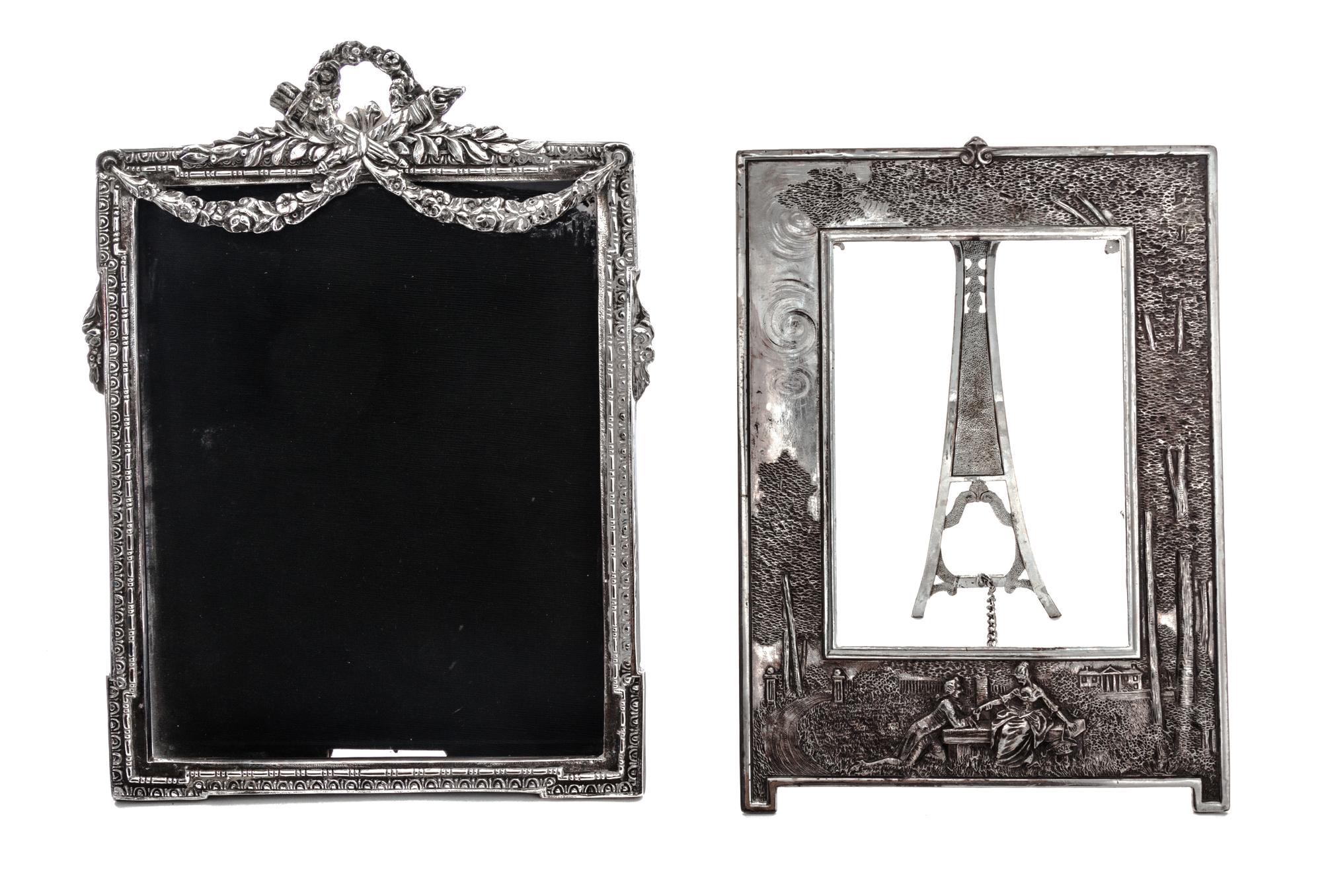 Two Silver-Plate Picture Frames, , both rectangular, one with a wreath, garland and torch-and-quiver crest at the top, the other depict