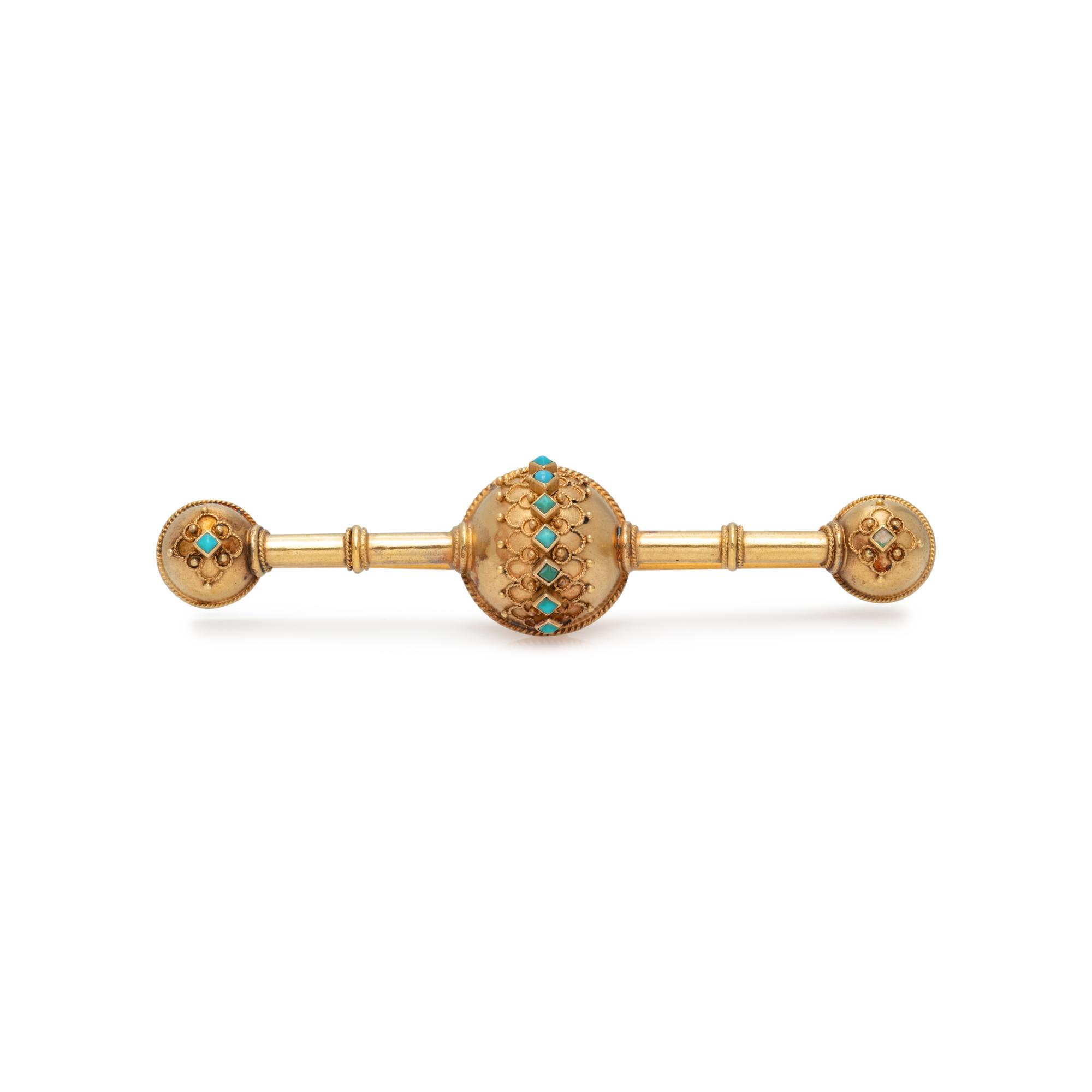 VICTORIAN, GOLD-FILLED AND TURQUOISE BAR BROOCH